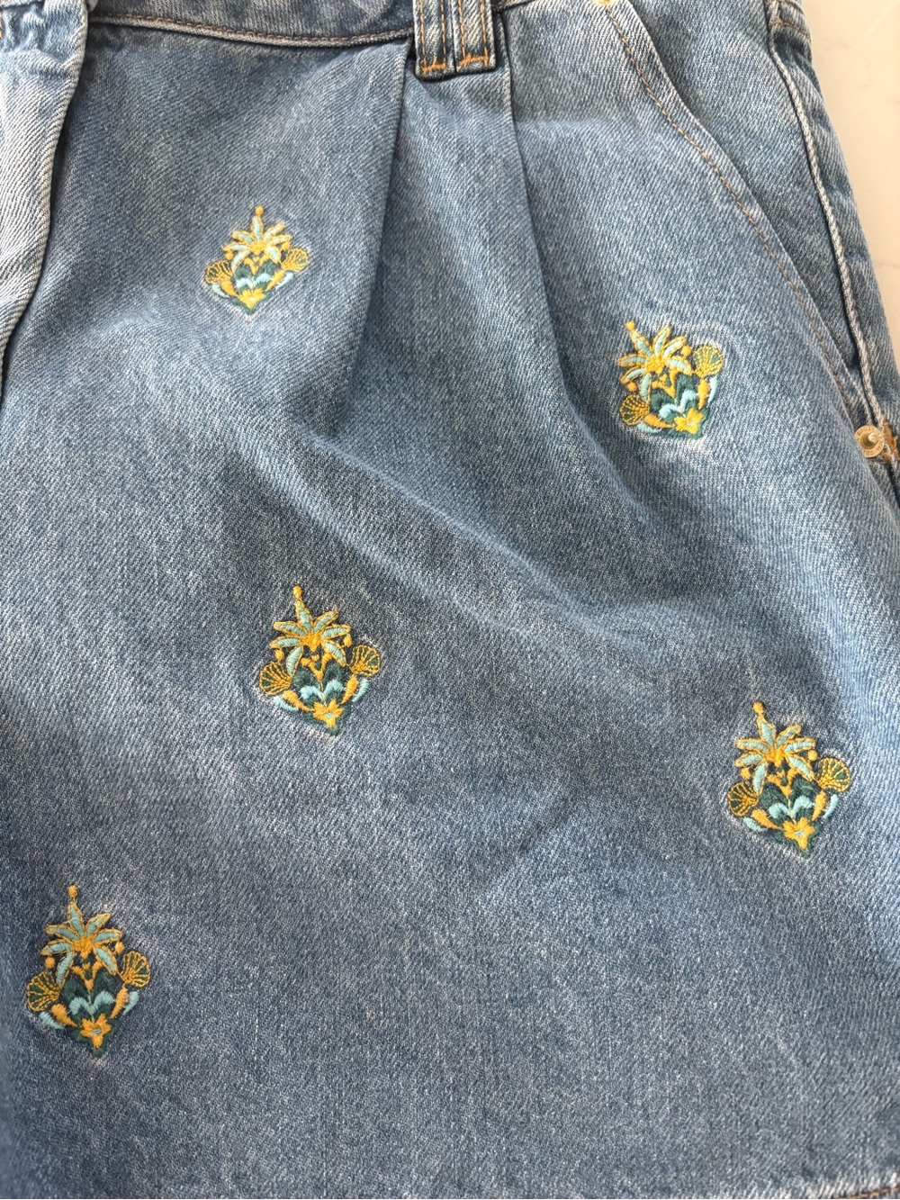 Farm Rio Embroidered Palm Tree Blue Denim Shorts - Women's - Picture 4 of 7